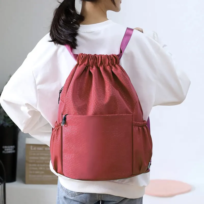 Drawstring Backpack Sports Gym Bag With Multi Pockets Red  HLC040