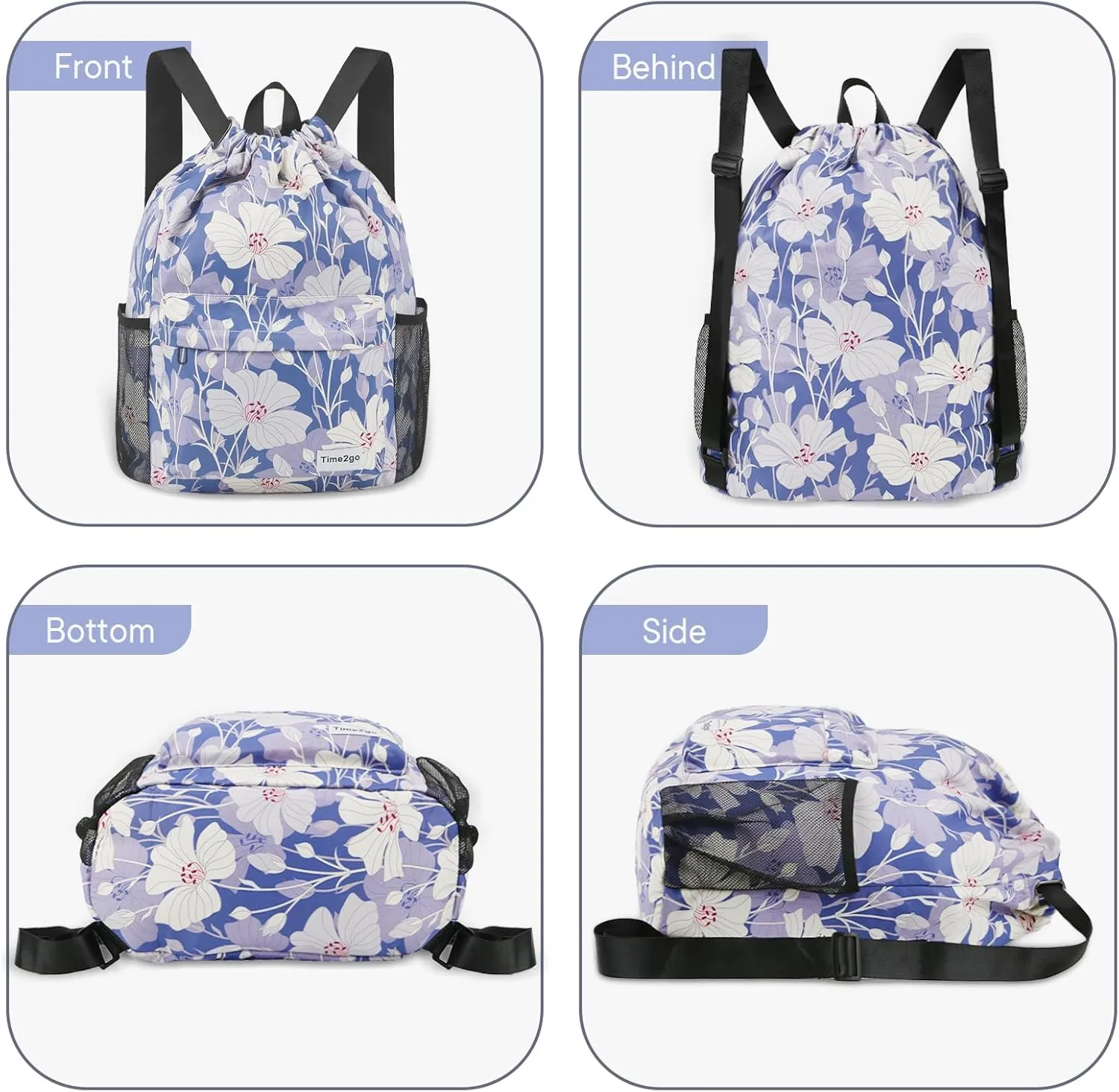 Drawstring Backpack Sports Gym Sackpack with Mesh Pockets String Cinch Beach Bag for Men Women(Blue Flower)