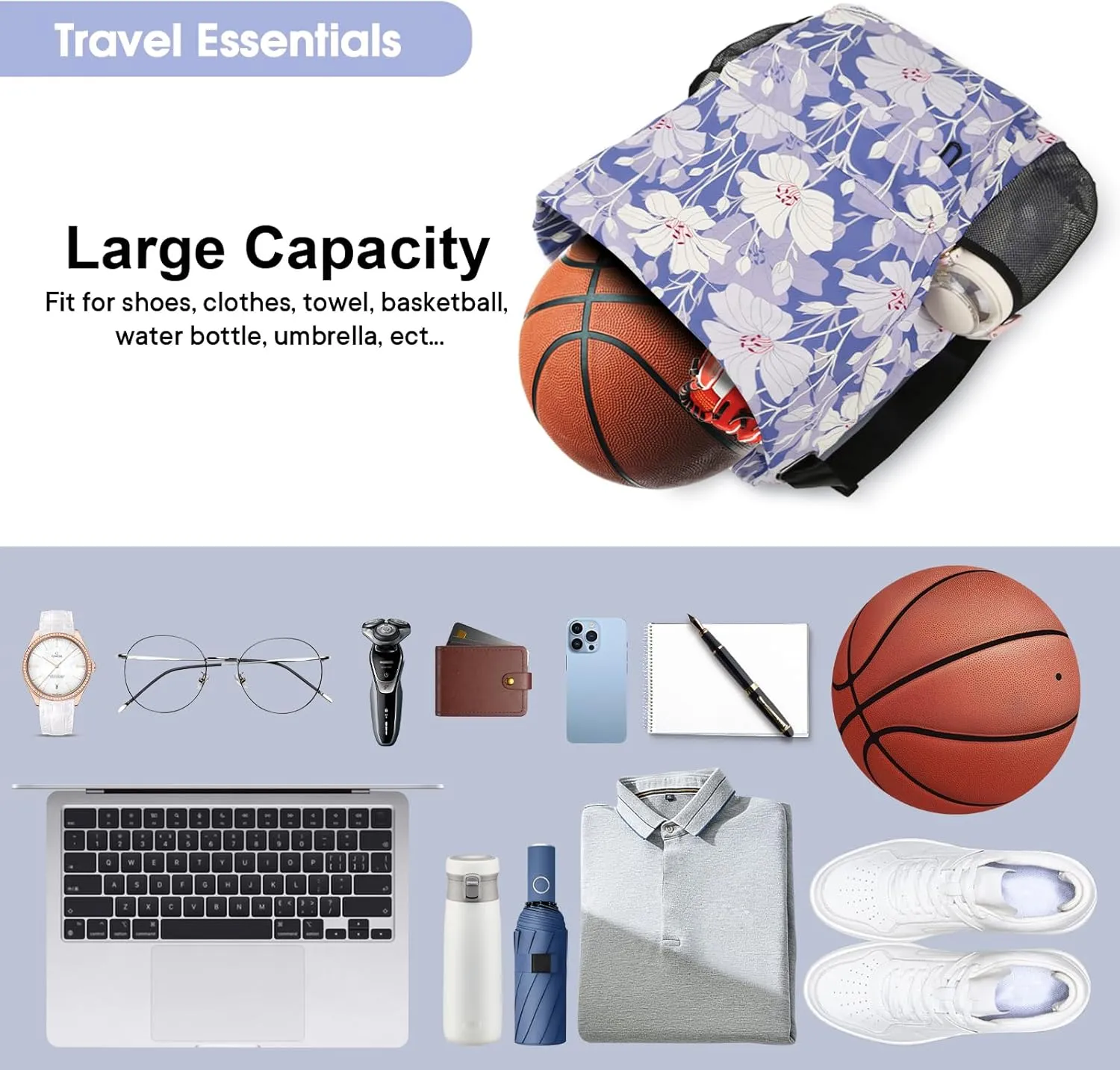Drawstring Backpack Sports Gym Sackpack with Mesh Pockets String Cinch Beach Bag for Men Women(Blue Flower)