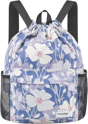 Drawstring Backpack Sports Gym Sackpack with Mesh Pockets String Cinch Beach Bag for Men Women(Blue Flower)