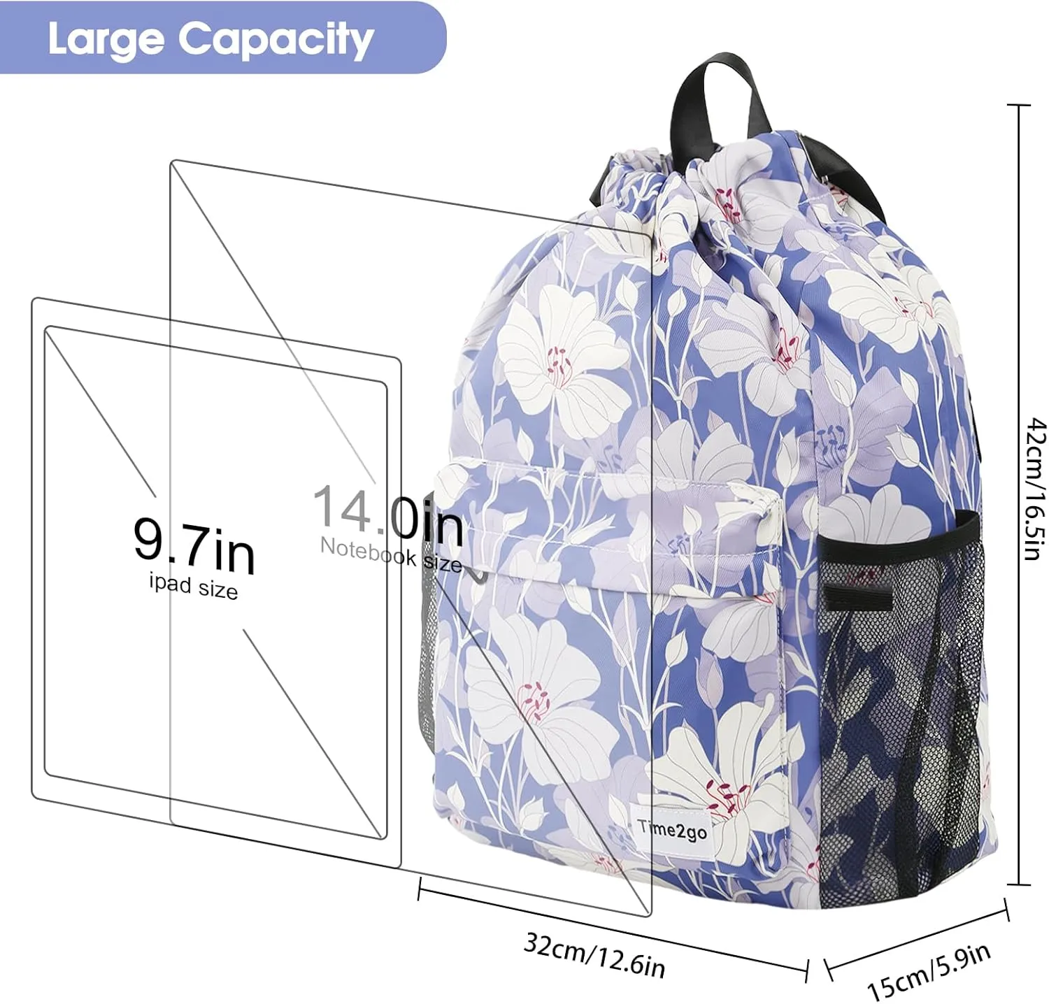 Drawstring Backpack Sports Gym Sackpack with Mesh Pockets String Cinch Beach Bag for Men Women(Blue Flower)