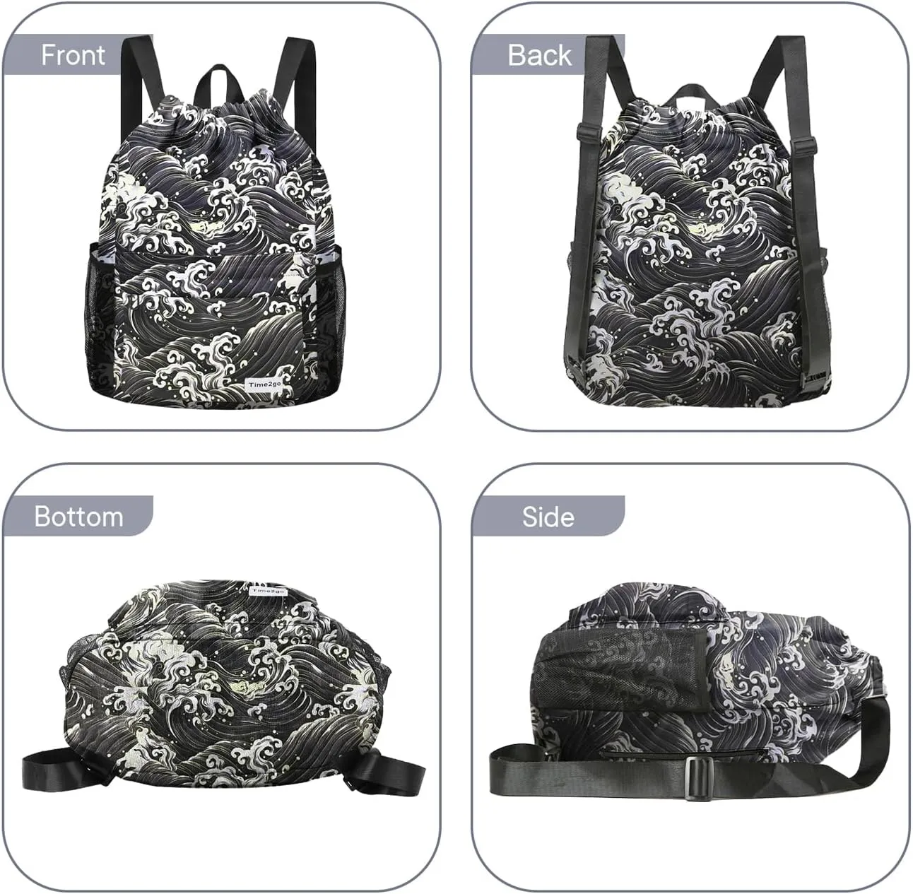Drawstring Backpack Sports Gym Sackpack with Mesh Pockets Water-Resistant String Cinch Beach Bag for Men Women(Black Waves)