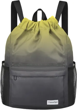 Drawstring Backpack Sports Gym Sackpack with Mesh Pockets Water-Resistant String Cinch Beach Bag for Men Women(Yellow Black)