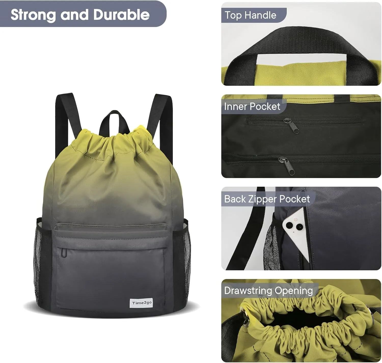 Drawstring Backpack Sports Gym Sackpack with Mesh Pockets Water-Resistant String Cinch Beach Bag for Men Women(Yellow Black)