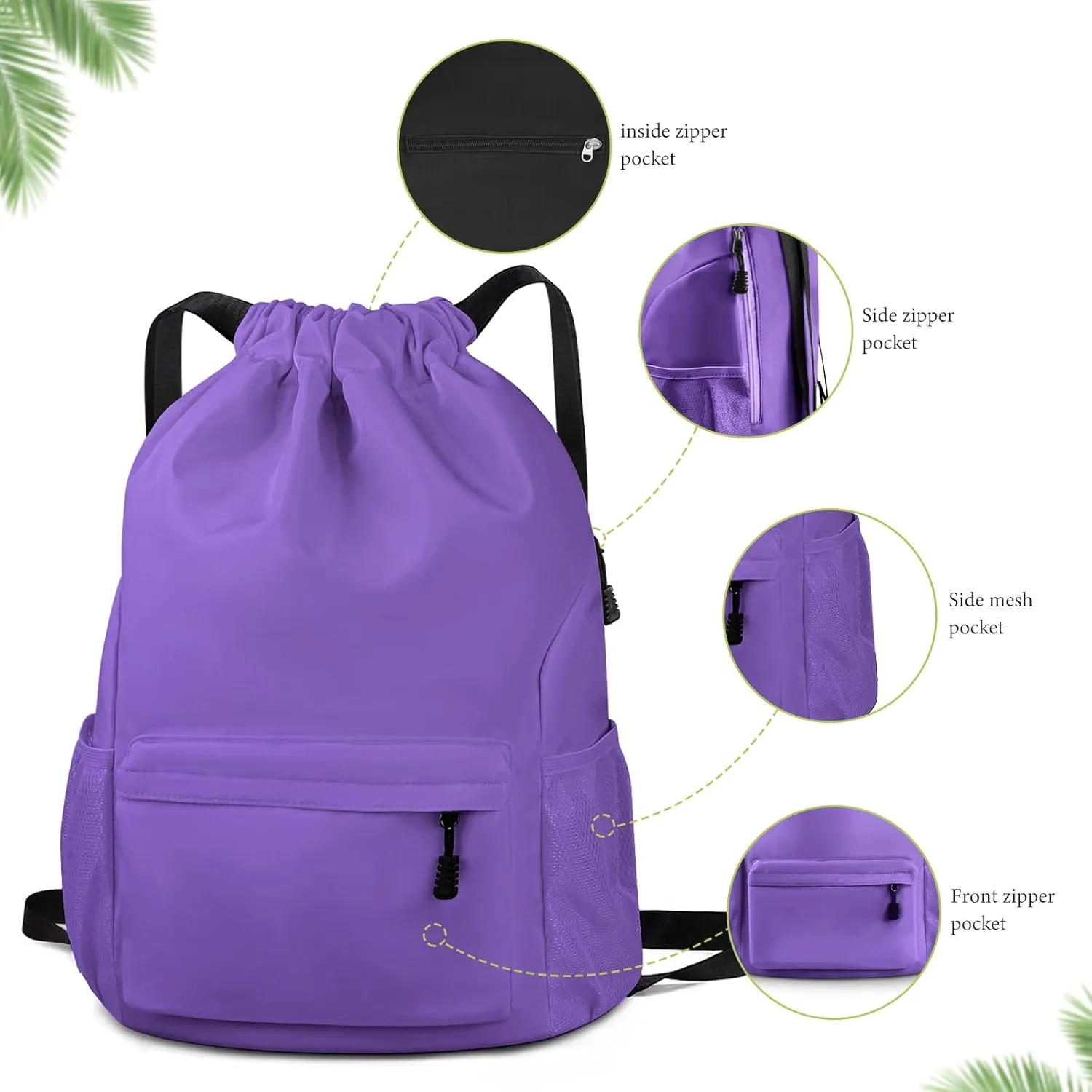 Drawstring Backpack Waterproof Drawstring Backpack Bag Sports Gym Bag with Side Pocket for Women Men (Purple)