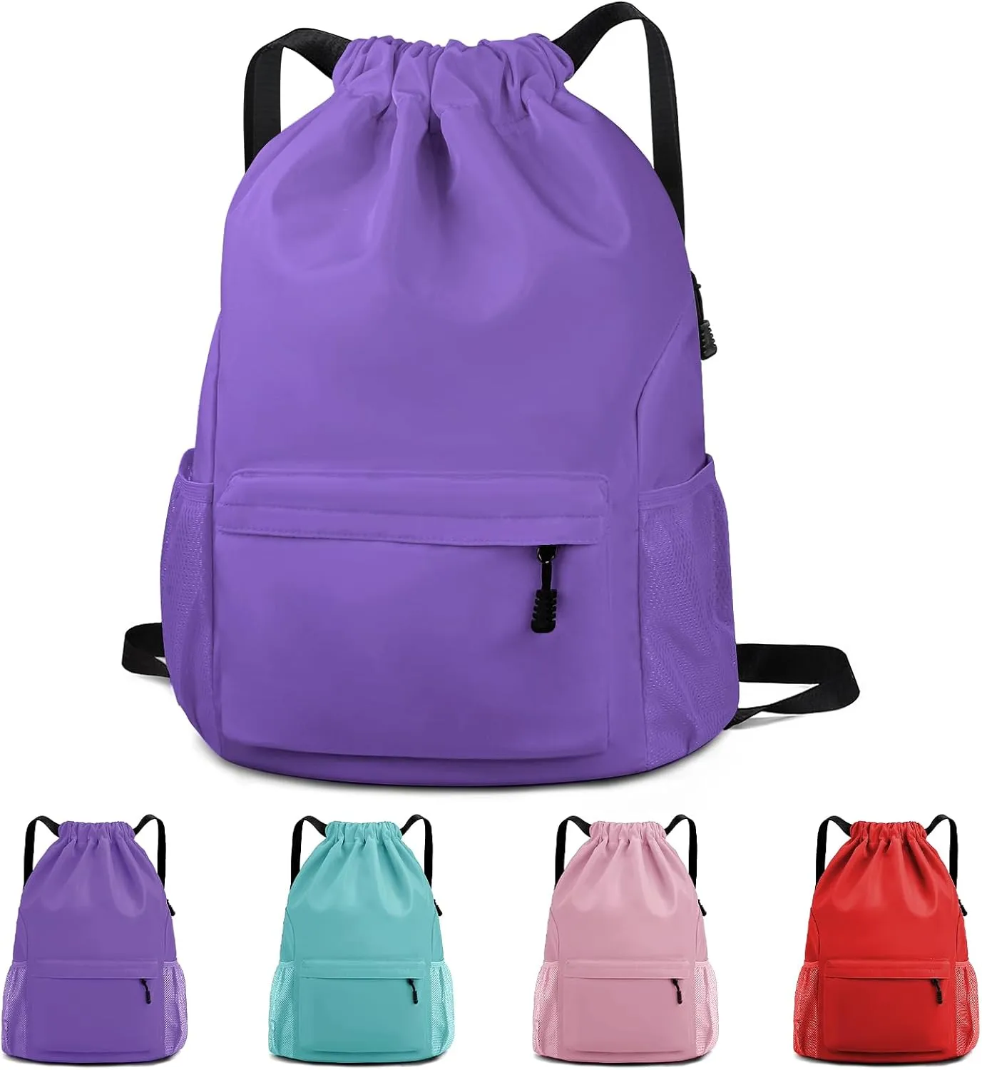Drawstring Backpack Waterproof Drawstring Backpack Bag Sports Gym Bag with Side Pocket for Women Men (Purple)