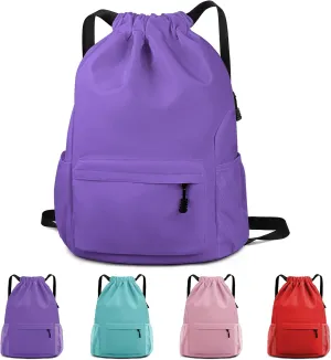 Drawstring Backpack Waterproof Drawstring Backpack Bag Sports Gym Bag with Side Pocket for Women Men (Purple)