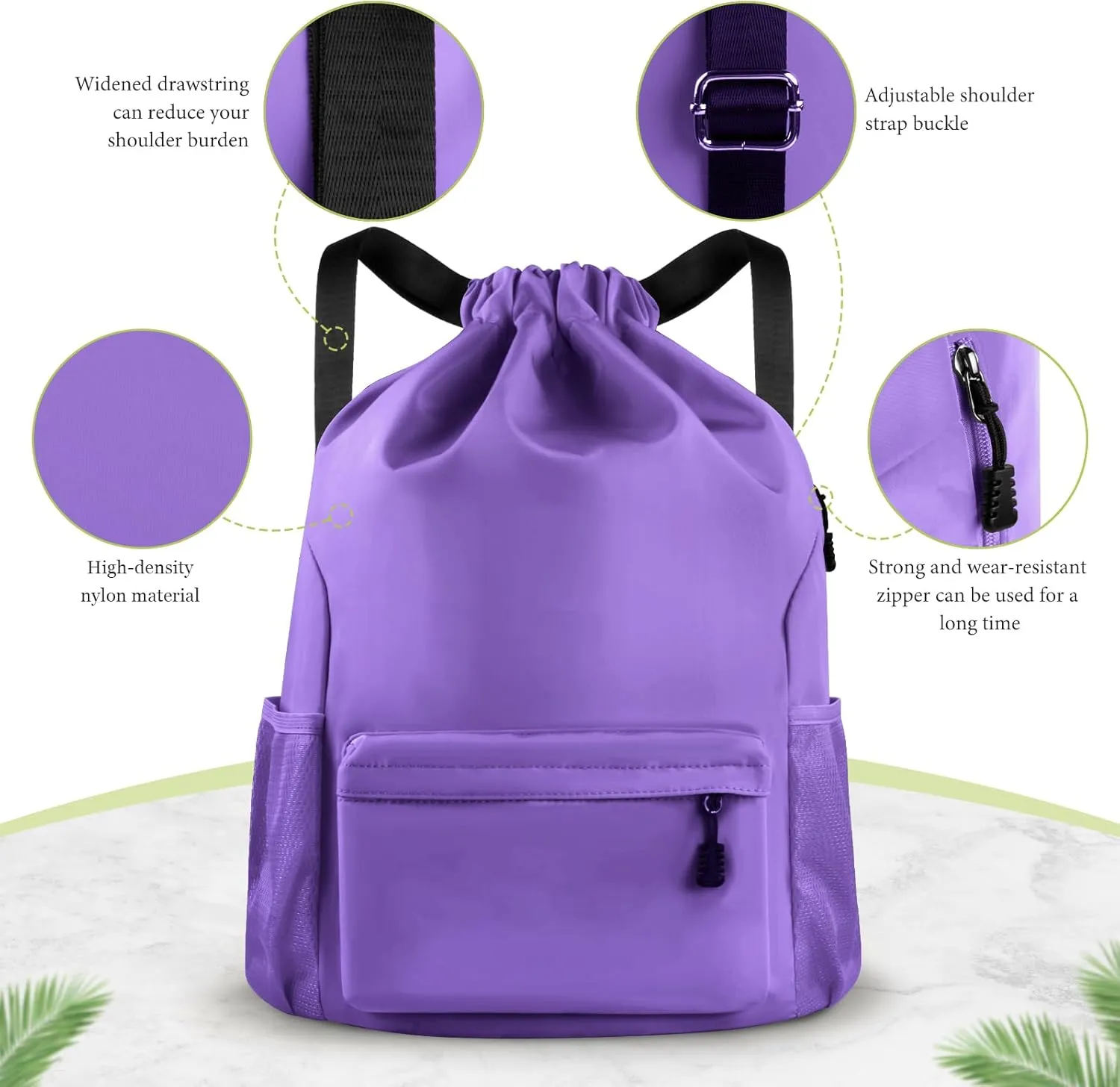 Drawstring Backpack Waterproof Drawstring Backpack Bag Sports Gym Bag with Side Pocket for Women Men (Purple)