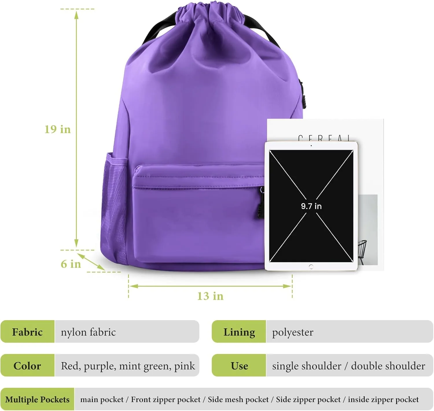 Drawstring Backpack Waterproof Drawstring Backpack Bag Sports Gym Bag with Side Pocket for Women Men (Purple)