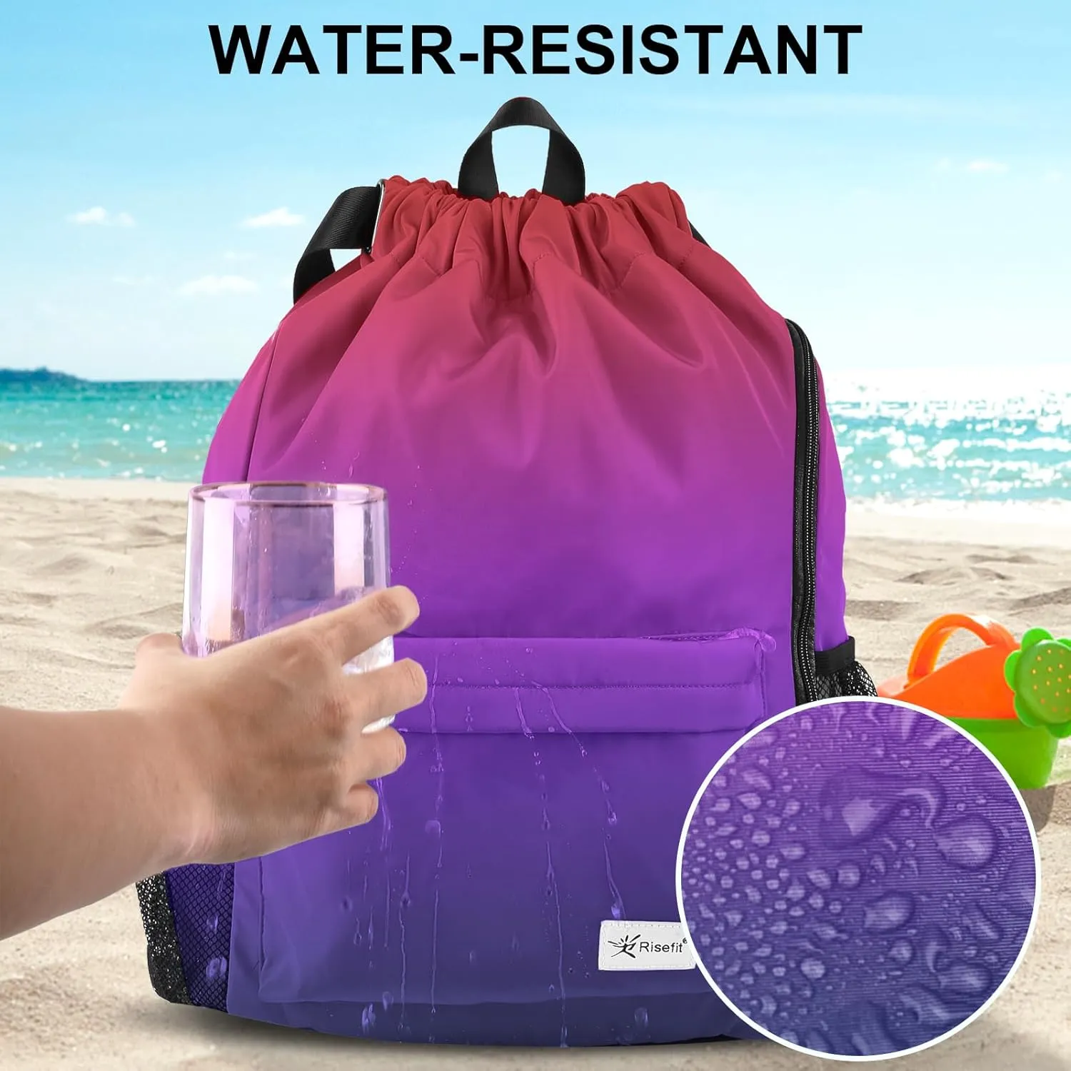 Drawstring Backpack with Mesh Pockets String Gym Bag Sackpack Sandproof Water Resistant Beach Backpack for Men Women
