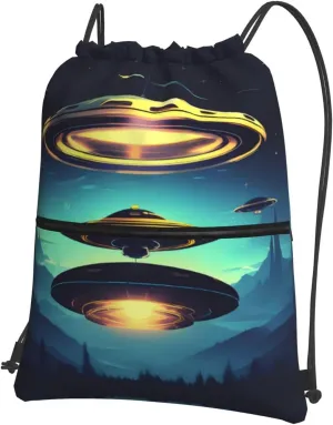 Drawstring Backpack with Zip Pockets, Spacecraft descend Print String Bag Lightweight Gym Sack, Hiking, Yoga