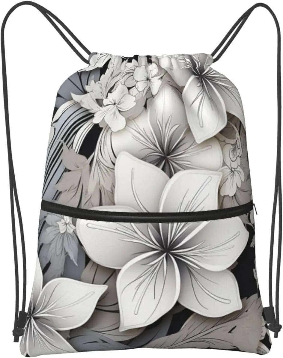 Drawstring Bag Gym Sack Drawstring Backpack Sport Gym Sack Cinch Bag Two Giraffes Face to Face Sport Bags for Travel, Black and White Tropical Flowers, One Size