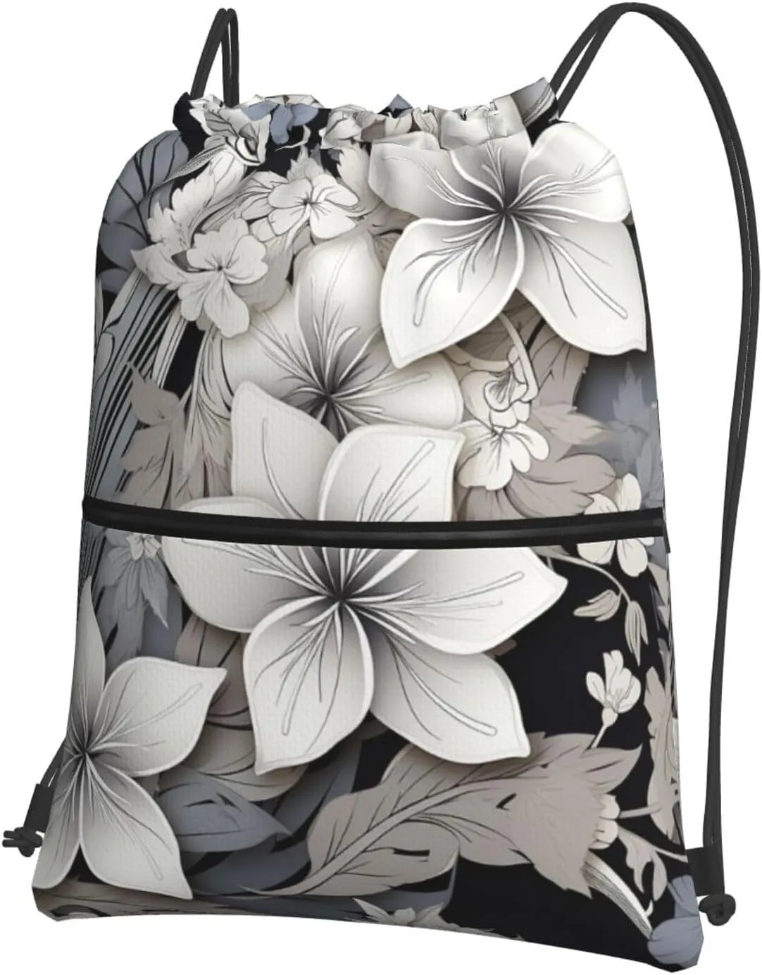 Drawstring Bag Gym Sack Drawstring Backpack Sport Gym Sack Cinch Bag Two Giraffes Face to Face Sport Bags for Travel, Black and White Tropical Flowers, One Size