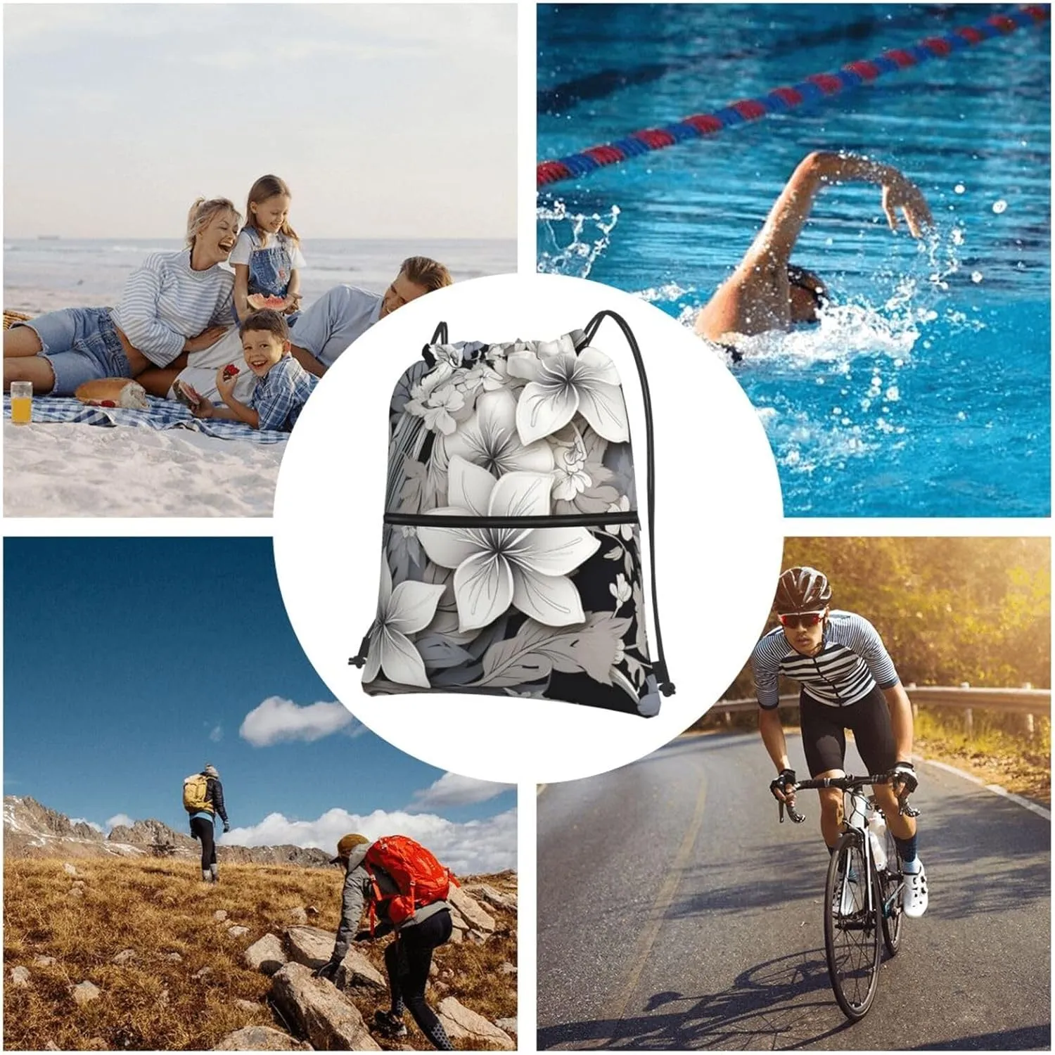 Drawstring Bag Gym Sack Drawstring Backpack Sport Gym Sack Cinch Bag Two Giraffes Face to Face Sport Bags for Travel, Black and White Tropical Flowers, One Size