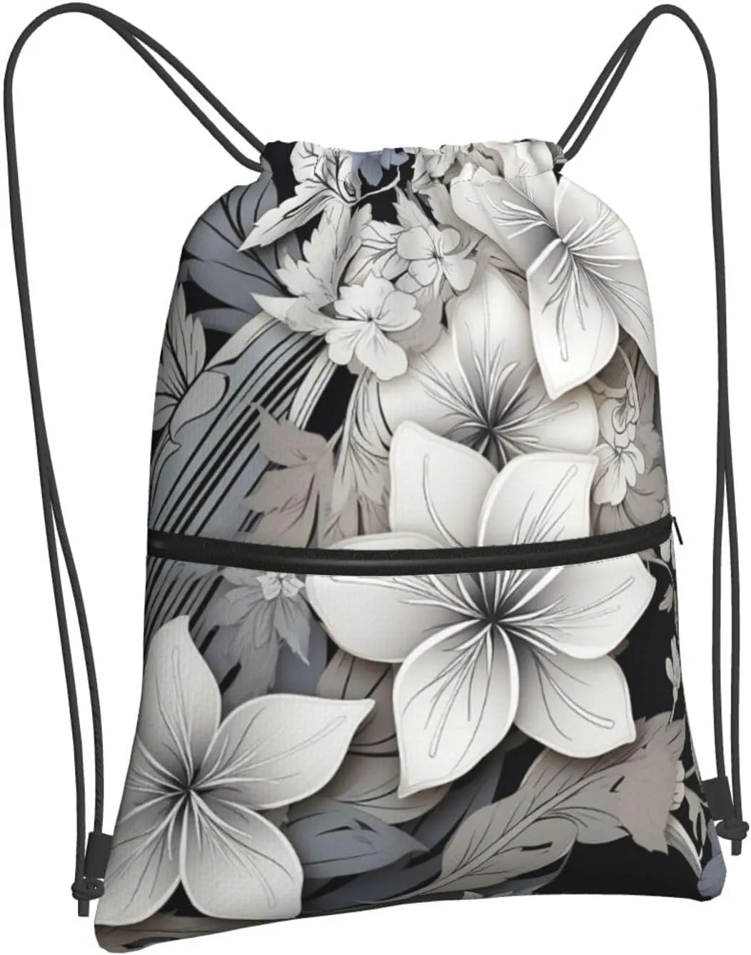 Drawstring Bag Gym Sack Drawstring Backpack Sport Gym Sack Cinch Bag Two Giraffes Face to Face Sport Bags for Travel, Black and White Tropical Flowers, One Size