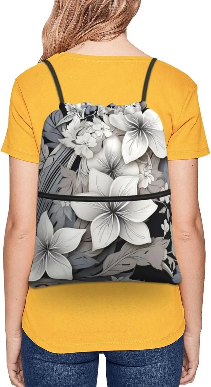 Drawstring Bag Gym Sack Drawstring Backpack Sport Gym Sack Cinch Bag Two Giraffes Face to Face Sport Bags for Travel, Black and White Tropical Flowers, One Size
