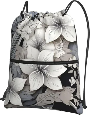 Drawstring Bag Gym Sack Drawstring Backpack Sport Gym Sack Cinch Bag Two Giraffes Face to Face Sport Bags for Travel, Black and White Tropical Flowers, One Size