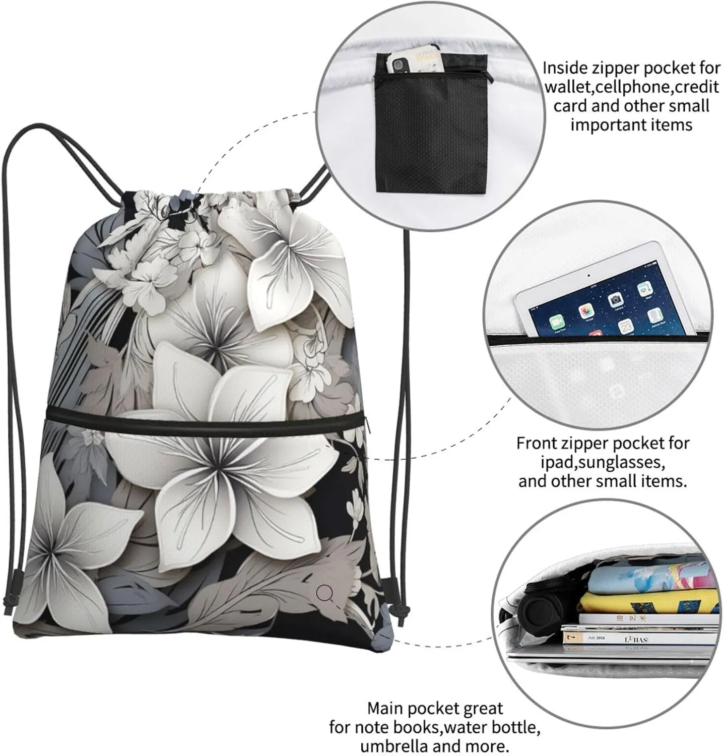 Drawstring Bag Gym Sack Drawstring Backpack Sport Gym Sack Cinch Bag Two Giraffes Face to Face Sport Bags for Travel, Black and White Tropical Flowers, One Size