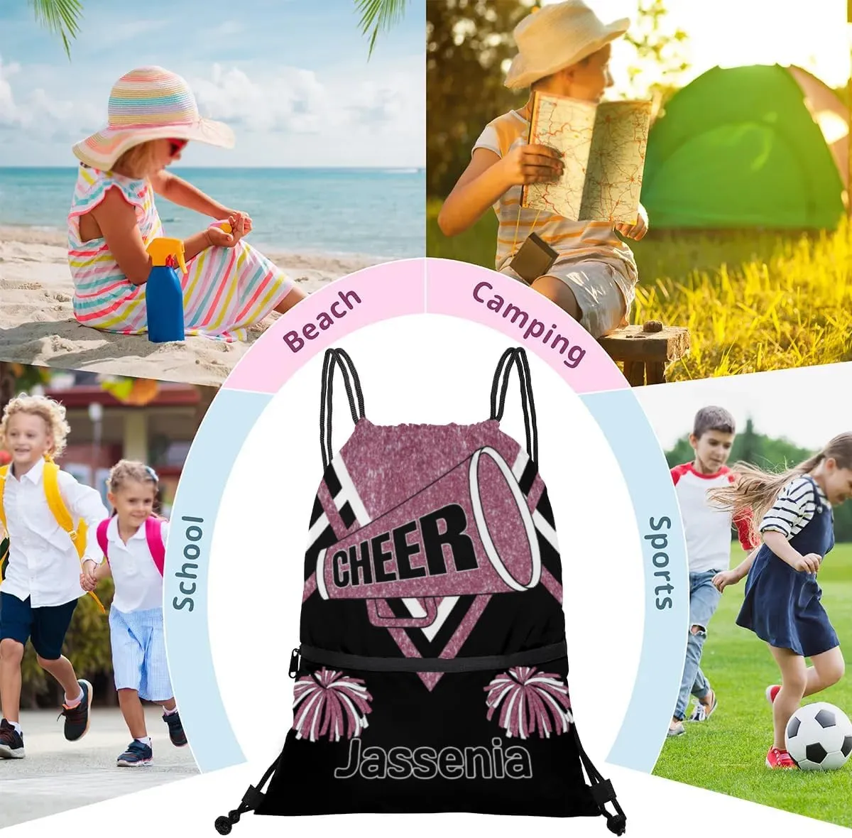 Drawstring Dance Gym Backpack with Name, Cheerleading Drawstring Gym Bags Drawstring Beach Bag for Dance Gym Sports Travel, Dark Pink Glitters Black