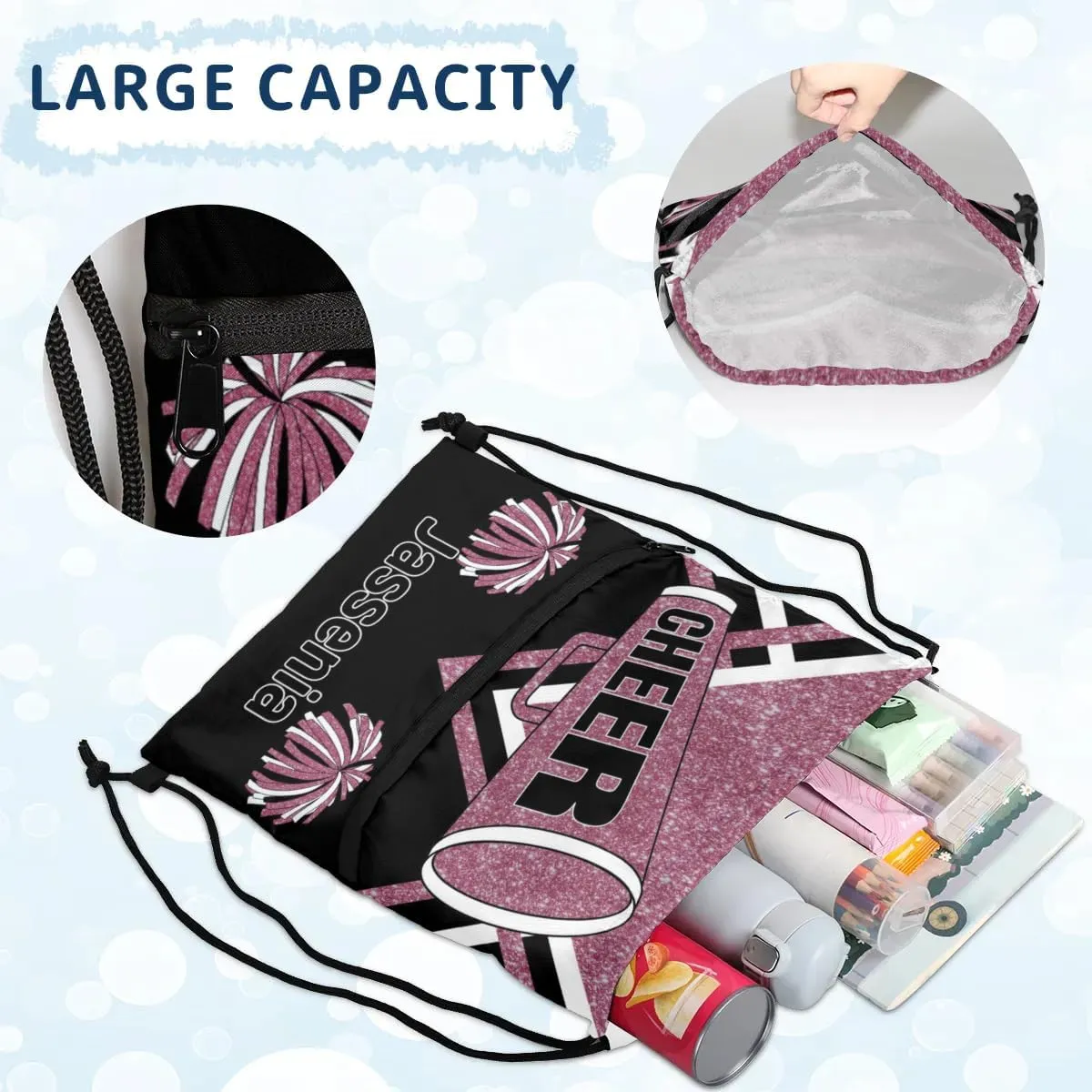 Drawstring Dance Gym Backpack with Name, Cheerleading Drawstring Gym Bags Drawstring Beach Bag for Dance Gym Sports Travel, Dark Pink Glitters Black