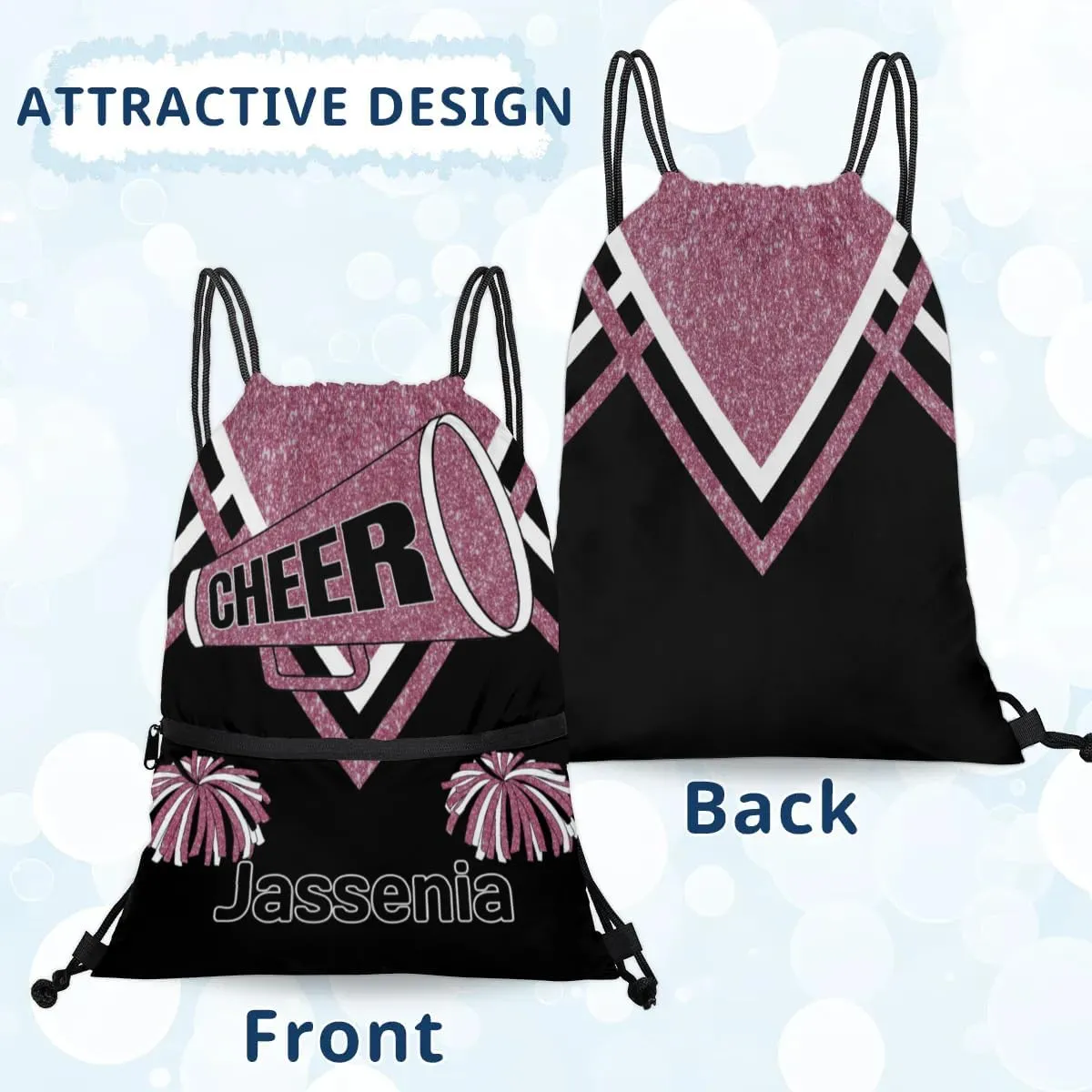 Drawstring Dance Gym Backpack with Name, Cheerleading Drawstring Gym Bags Drawstring Beach Bag for Dance Gym Sports Travel, Dark Pink Glitters Black