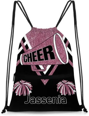 Drawstring Dance Gym Backpack with Name, Cheerleading Drawstring Gym Bags Drawstring Beach Bag for Dance Gym Sports Travel, Dark Pink Glitters Black
