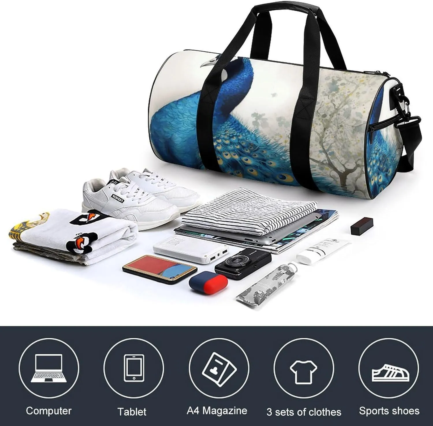 Duffel Bag for Men Women Gym Bag Blue Peacock Travel Duffel Bag Waterproof Overnight Bag for Sports Workout