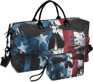 Duffel Bag for Traveling, Skull American Flag Black Gym Bags with Multiple Interior Pockets for Women Men Toiletry Purse Included 20.5”x 1.9” x 13.8”