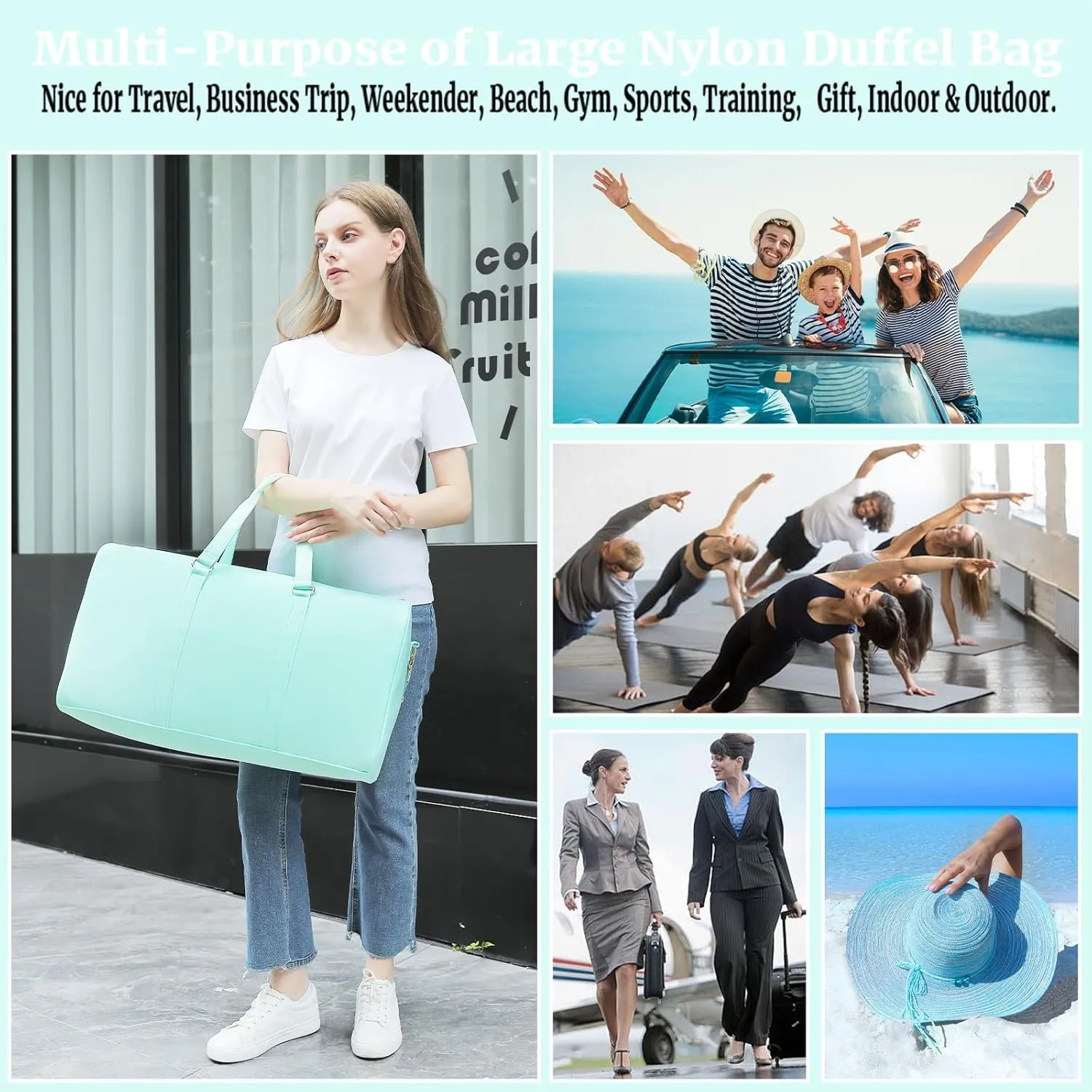 Duffle Bag for Travel - Large Water-resistant Sports Gym Weekender Bag (Mint)