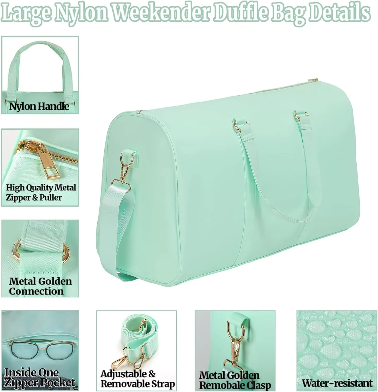 Duffle Bag for Travel - Large Water-resistant Sports Gym Weekender Bag (Mint)