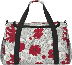 Duffle Bag for Travel, Leaves Anemone Flowers Red Grey Weekender Overnight Duffel Bag, Carry On Bag Gym Bag for Women Men, Personal Item Travel Bag