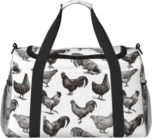 Duffle Bag for Travel, Sketch Chicken Black White Weekender Overnight Duffel Bag, Carry On Bag Gym Bag for Women Men, Personal Item Travel Bag