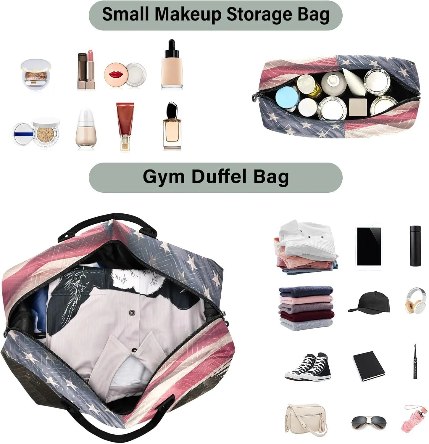 Eagle Us Flags Sports Gym Bag for Women Men Travel Duffel Bag Weekend Overnight Carry on Bag with Toiletry Bag Yoga Bag for Yoga Workout Swimming Hospital Plane