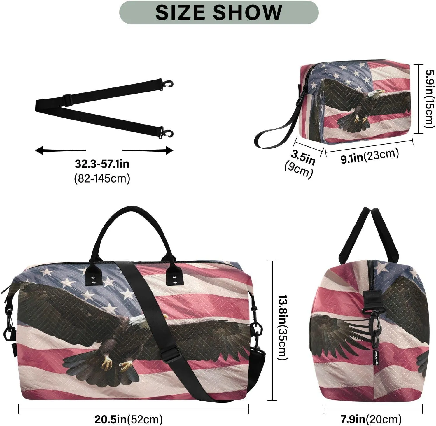 Eagle Us Flags Sports Gym Bag for Women Men Travel Duffel Bag Weekend Overnight Carry on Bag with Toiletry Bag Yoga Bag for Yoga Workout Swimming Hospital Plane