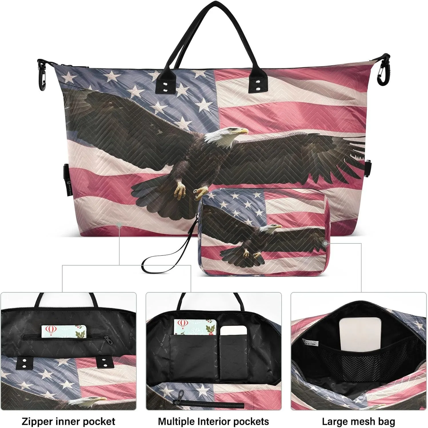 Eagle Us Flags Sports Gym Bag for Women Men Travel Duffel Bag Weekend Overnight Carry on Bag with Toiletry Bag Yoga Bag for Yoga Workout Swimming Hospital Plane
