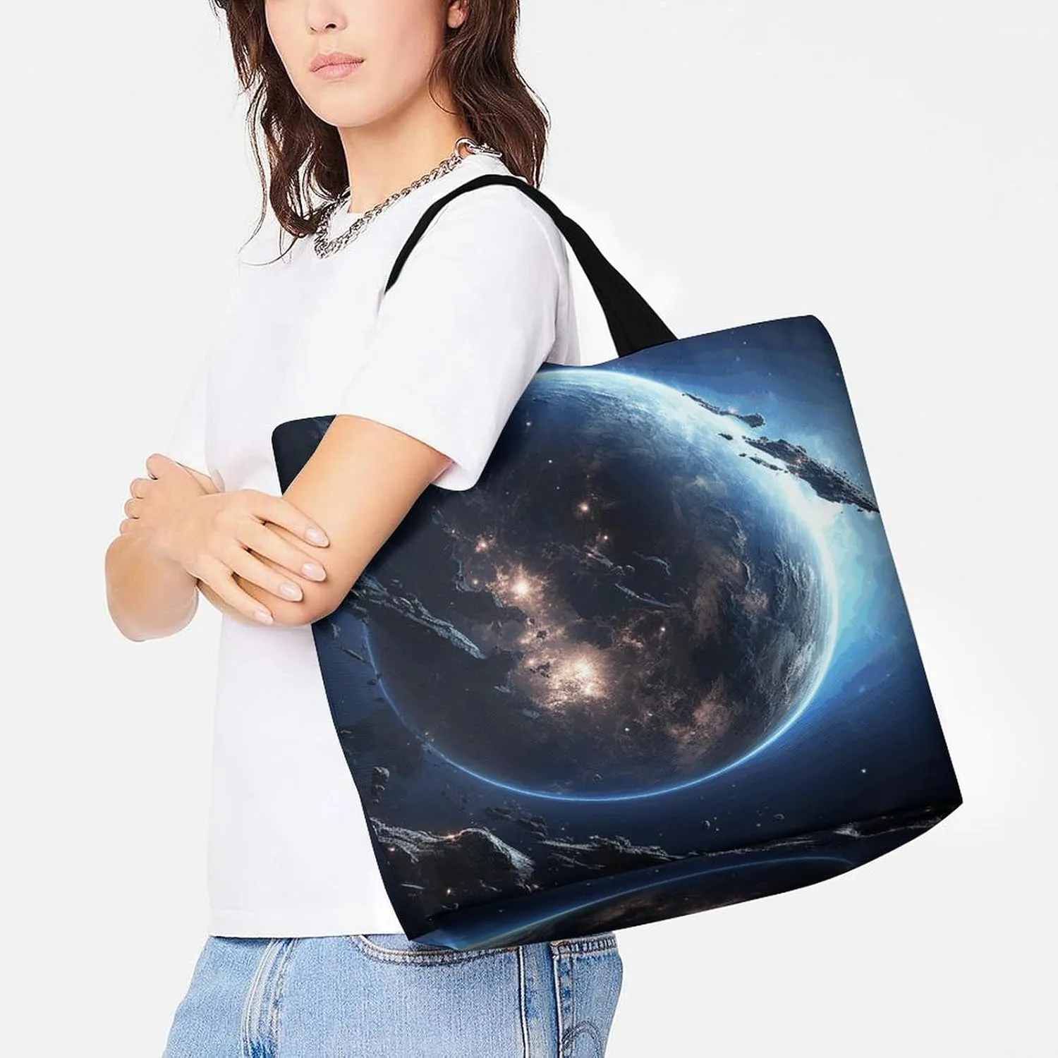 Earth And Moon Tote Bag for Women Reusable Grocery Shoulder Bag Shopping Bags for Travel, Groceries