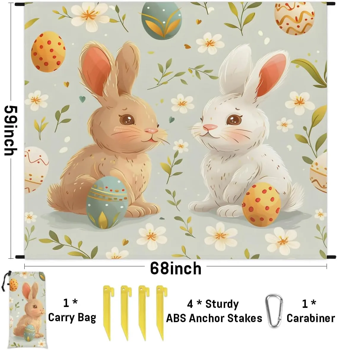 Easter Eggs Beach Blanket, Sandproof Beach Mat, 68 x 59 Waterproof Quick Drying Sand Free Mat with 4 x Ground Spikes for Outdoor Travel Camping Hiking, Bunny Rabbit