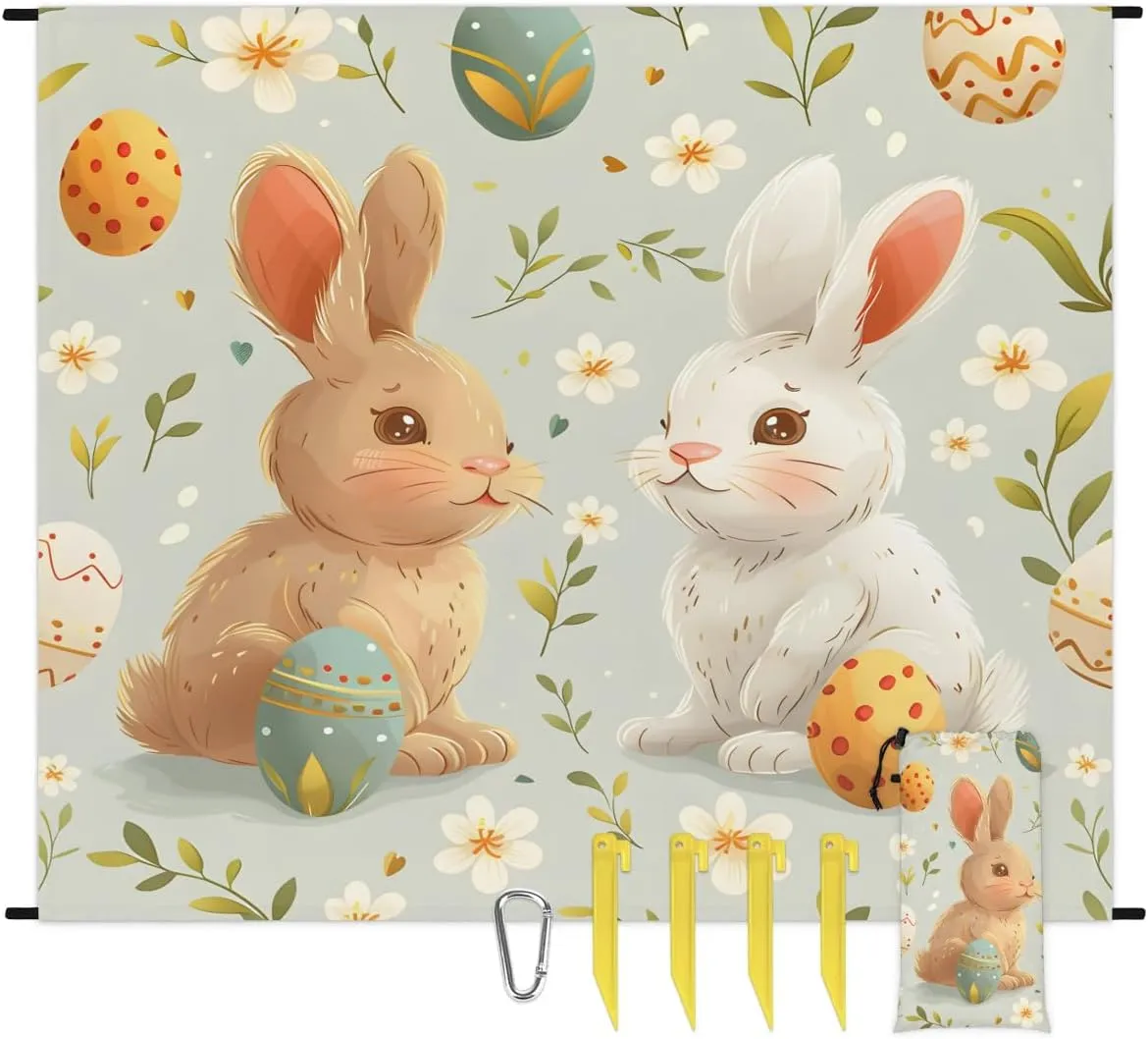 Easter Eggs Beach Blanket, Sandproof Beach Mat, 68 x 59 Waterproof Quick Drying Sand Free Mat with 4 x Ground Spikes for Outdoor Travel Camping Hiking, Bunny Rabbit