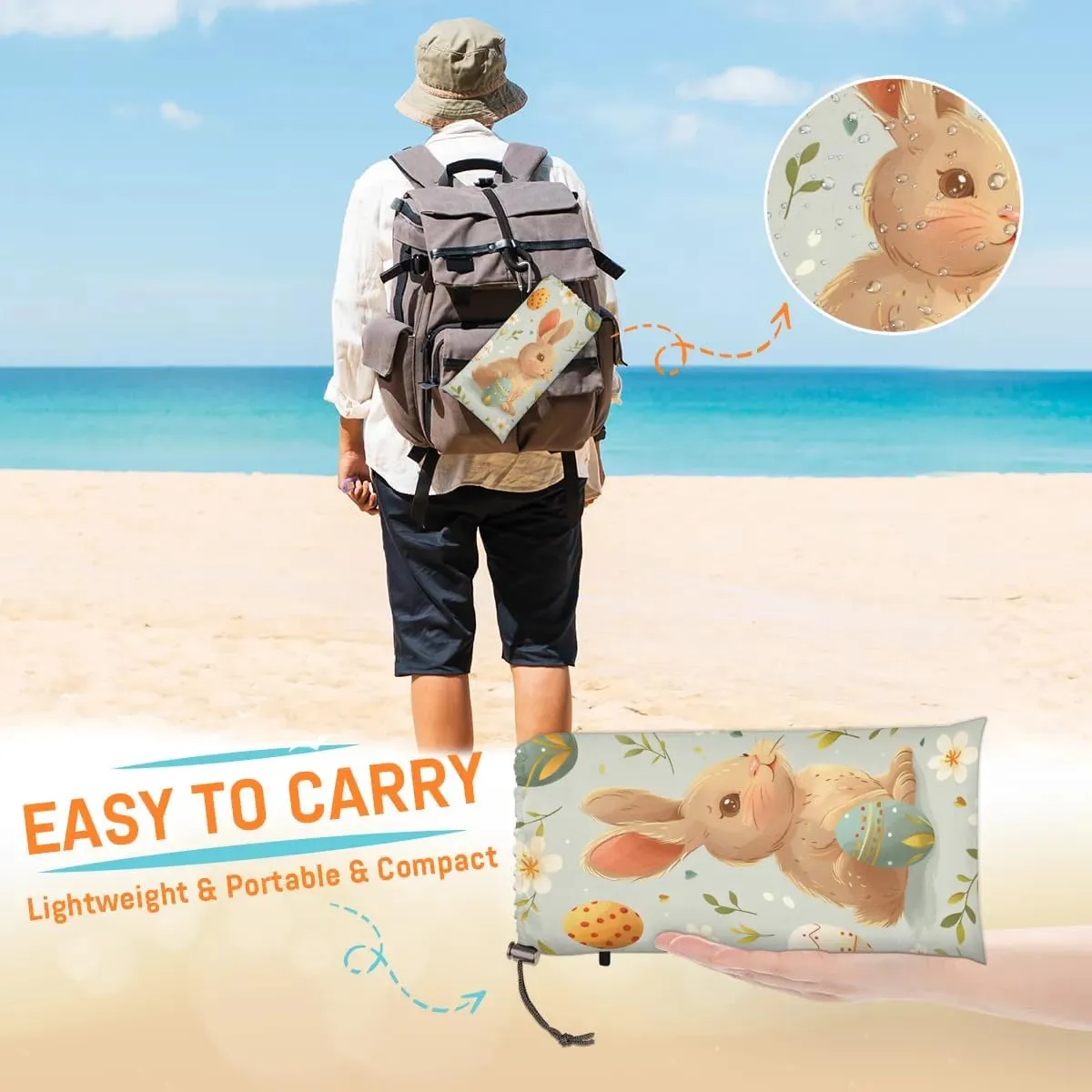 Easter Eggs Beach Blanket, Sandproof Beach Mat, 68 x 59 Waterproof Quick Drying Sand Free Mat with 4 x Ground Spikes for Outdoor Travel Camping Hiking, Bunny Rabbit