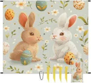 Easter Eggs Beach Blanket, Sandproof Beach Mat, 68 x 59 Waterproof Quick Drying Sand Free Mat with 4 x Ground Spikes for Outdoor Travel Camping Hiking, Bunny Rabbit