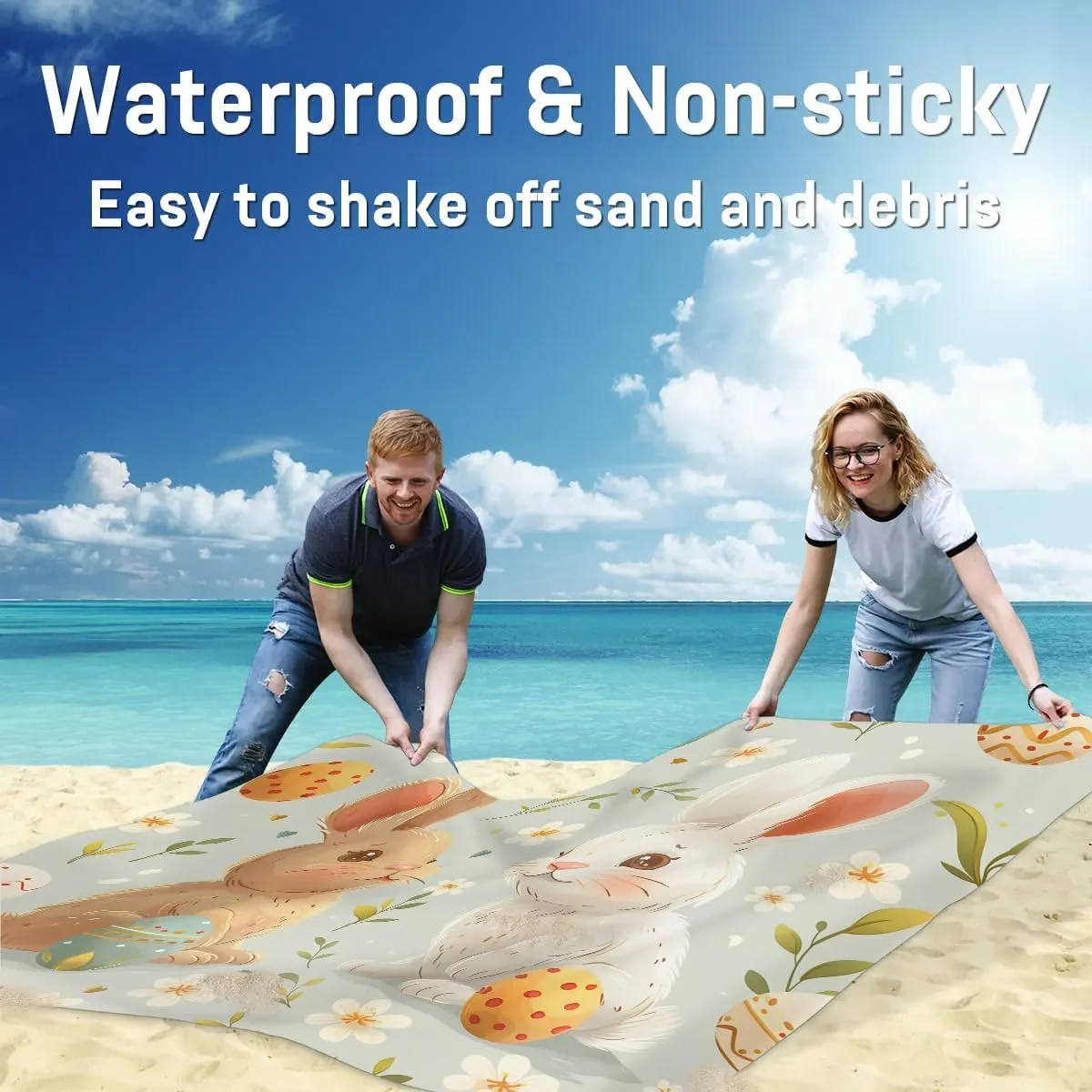 Easter Eggs Beach Blanket, Sandproof Beach Mat, 68 x 59 Waterproof Quick Drying Sand Free Mat with 4 x Ground Spikes for Outdoor Travel Camping Hiking, Bunny Rabbit