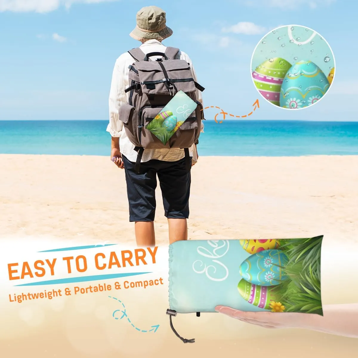 Easter Eggs Beach Blanket, Sandproof Beach Mat, Adults Waterproof Quick Drying Sand Free Mat with 4 x Ground Spikes for Outdoor Travel Camping Hiking, Spring Bunnies