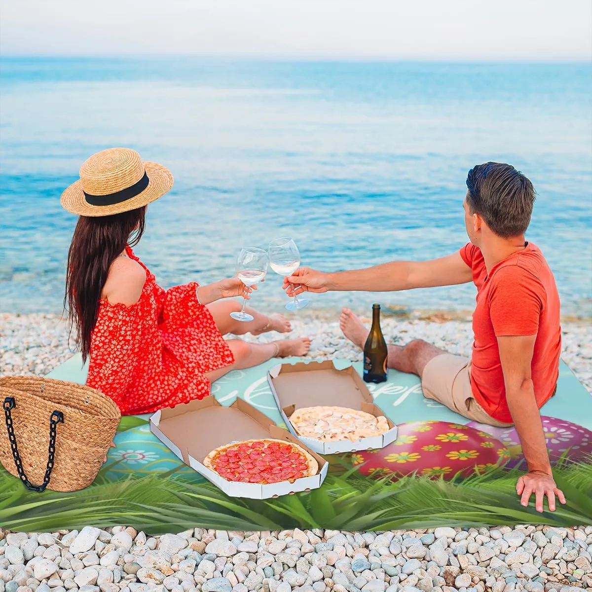 Easter Eggs Beach Blanket, Sandproof Beach Mat, Adults Waterproof Quick Drying Sand Free Mat with 4 x Ground Spikes for Outdoor Travel Camping Hiking, Spring Bunnies