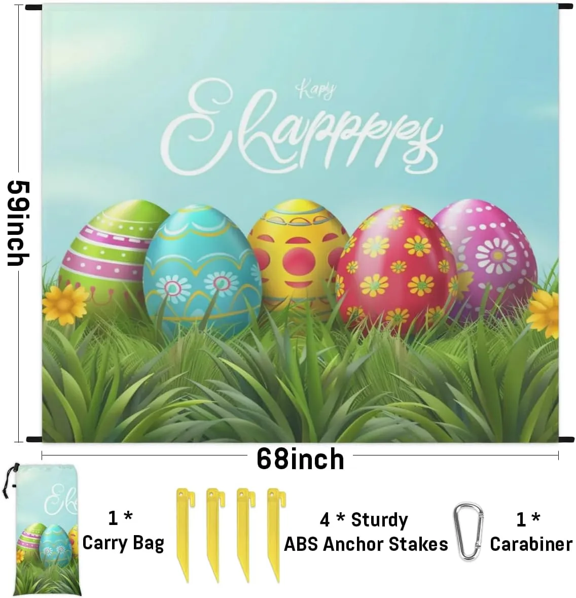Easter Eggs Beach Blanket, Sandproof Beach Mat, Adults Waterproof Quick Drying Sand Free Mat with 4 x Ground Spikes for Outdoor Travel Camping Hiking, Spring Bunnies