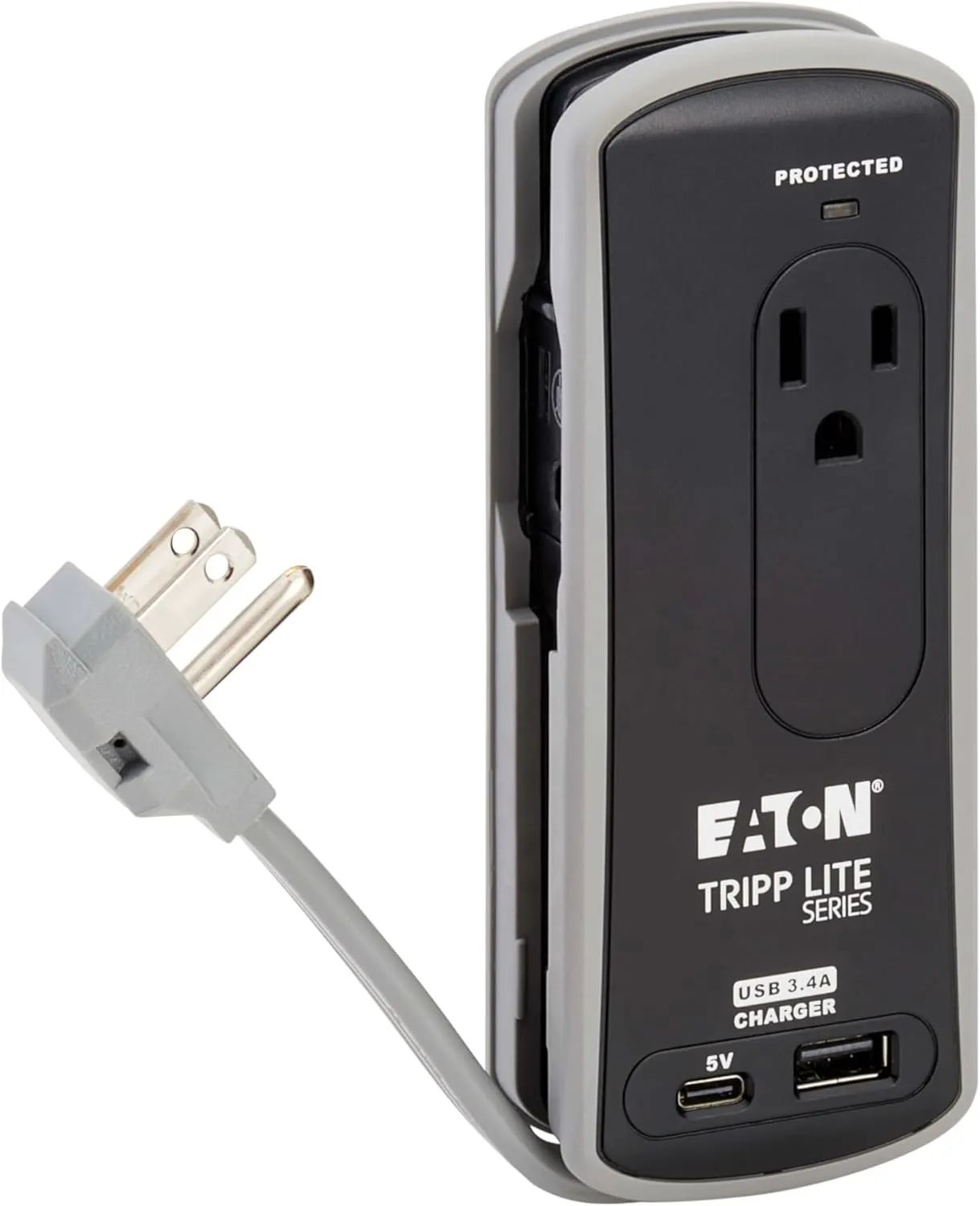 Eaton Tripp Lite TRAVELER3USBC Travel Power Strip & USB Charger, Flat Plug, 306J Surge Protector, USB-C   USB-A Port, 2-Outlets, 18" Cord & Cable Wrap, 5,000 Insurance