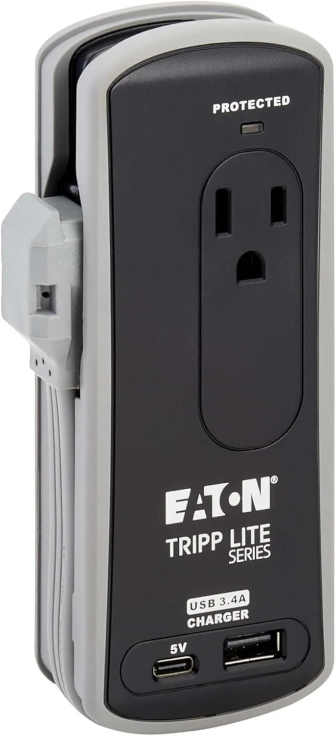 Eaton Tripp Lite TRAVELER3USBC Travel Power Strip & USB Charger, Flat Plug, 306J Surge Protector, USB-C   USB-A Port, 2-Outlets, 18" Cord & Cable Wrap, 5,000 Insurance