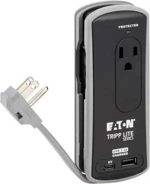 Eaton Tripp Lite TRAVELER3USBC Travel Power Strip & USB Charger, Flat Plug, 306J Surge Protector, USB-C   USB-A Port, 2-Outlets, 18" Cord & Cable Wrap, 5,000 Insurance