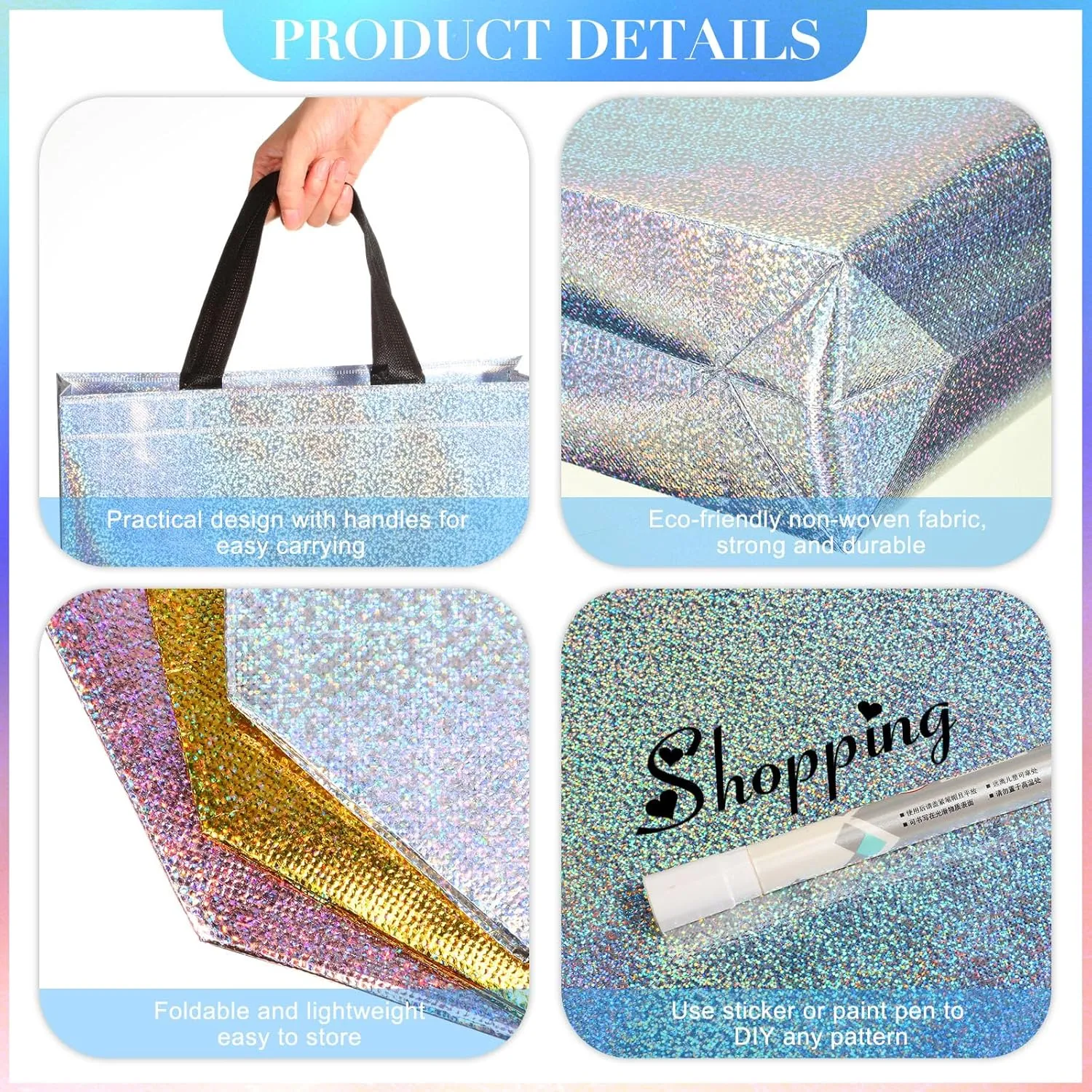 Eccliy 60 Pcs Reusable Gift Tote Bags Grocery Shopping Bag with Handles Thank You Gift Bags for Bridesmaid Wedding(Glitter Mix Color)