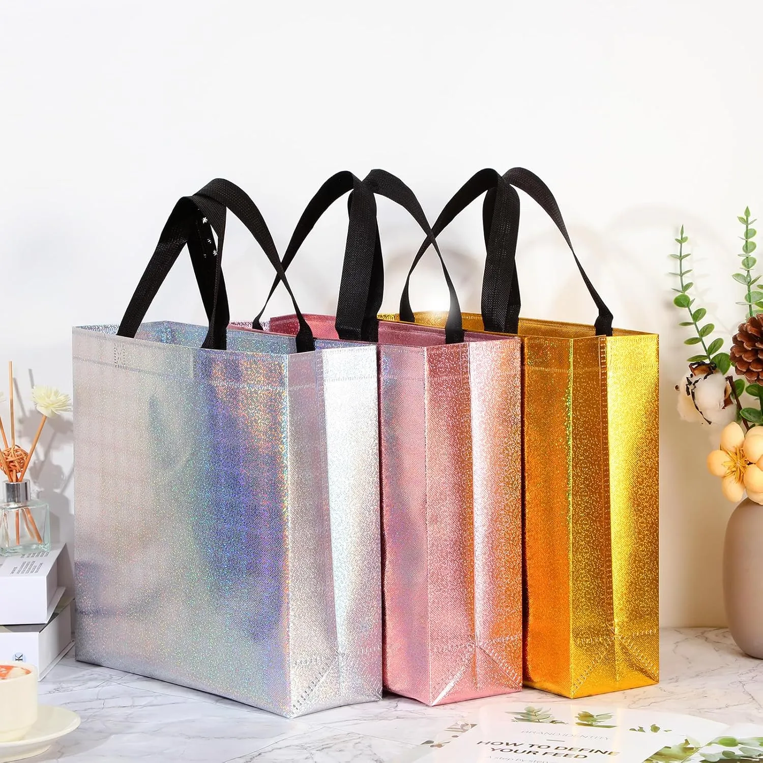 Eccliy 60 Pcs Reusable Gift Tote Bags Grocery Shopping Bag with Handles Thank You Gift Bags for Bridesmaid Wedding(Glitter Mix Color)