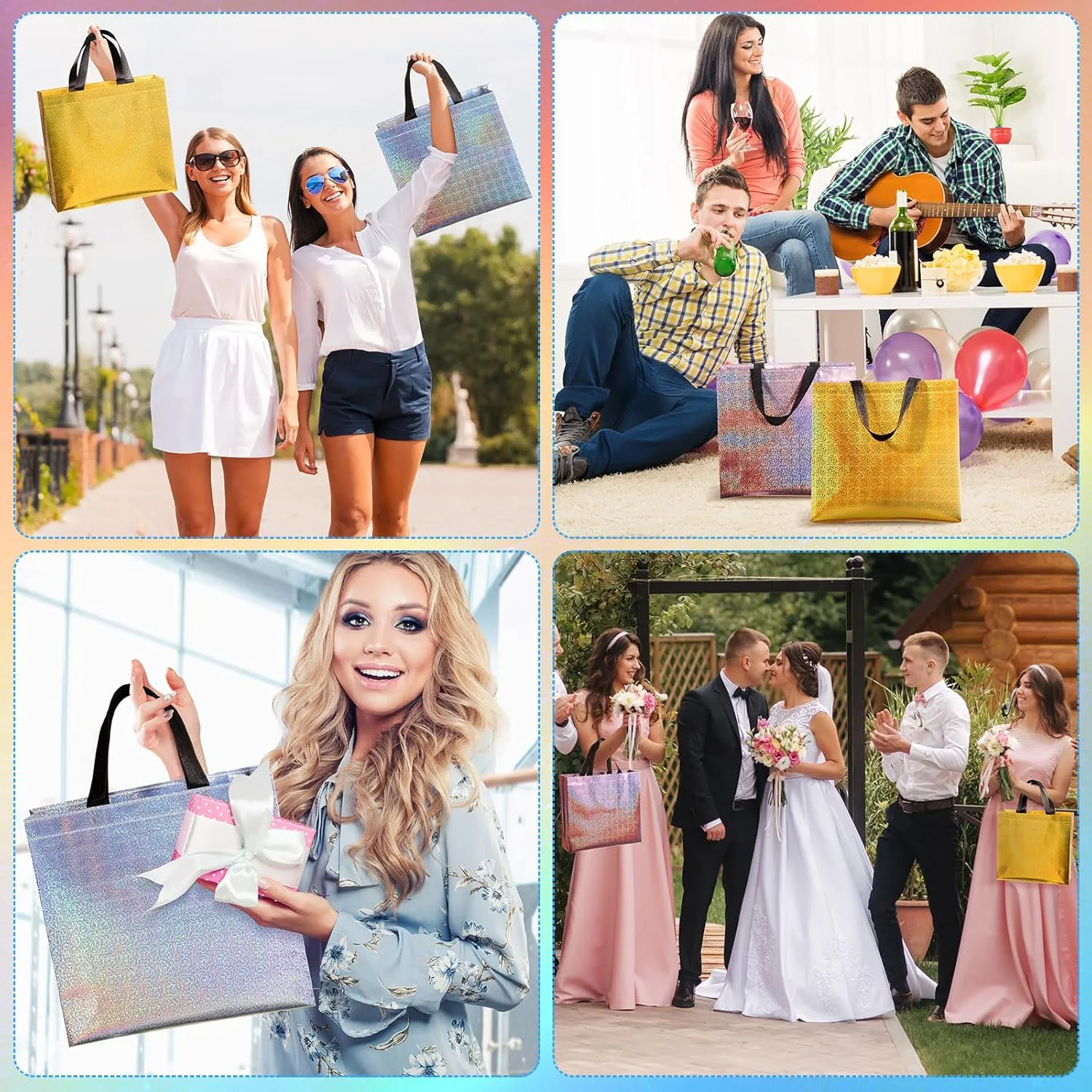 Eccliy 60 Pcs Reusable Gift Tote Bags Grocery Shopping Bag with Handles Thank You Gift Bags for Bridesmaid Wedding(Glitter Mix Color)
